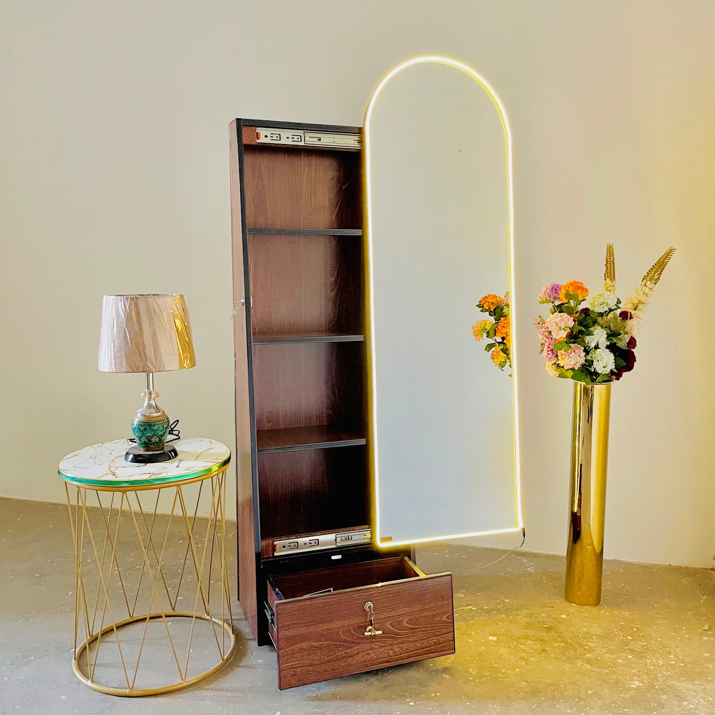 Standing Full length Mirror With Storage & Drawer Dome-Shaped Mirror